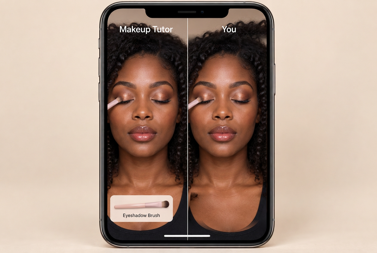Preview of the Makeup Tutor: two phone screens — the Tutor screen on the left with a brush applying warm eyeshadow, and the You screen on the right showing the same woman copying along