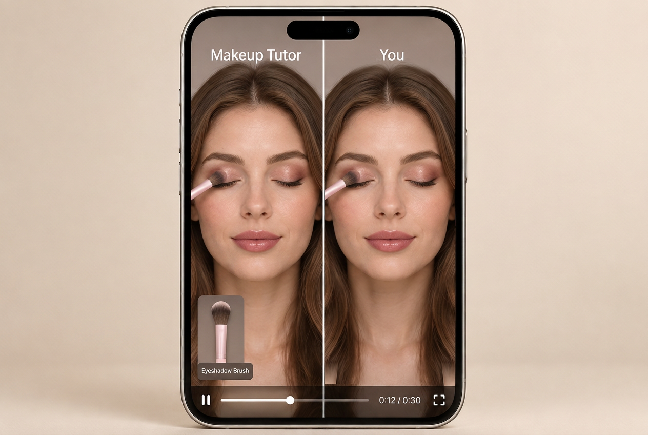 Preview of the Makeup Tutor: two phone screens — the Tutor screen on the left with a brush applying soft pink eyeshadow, and the You screen on the right showing the same woman copying along